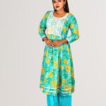 Green Cotton Thread Embroidered Aline Kurti