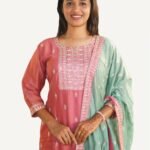 Pastel Pink Shimmery Georgette Embroidered Kurti Set with Pant and Dupatta