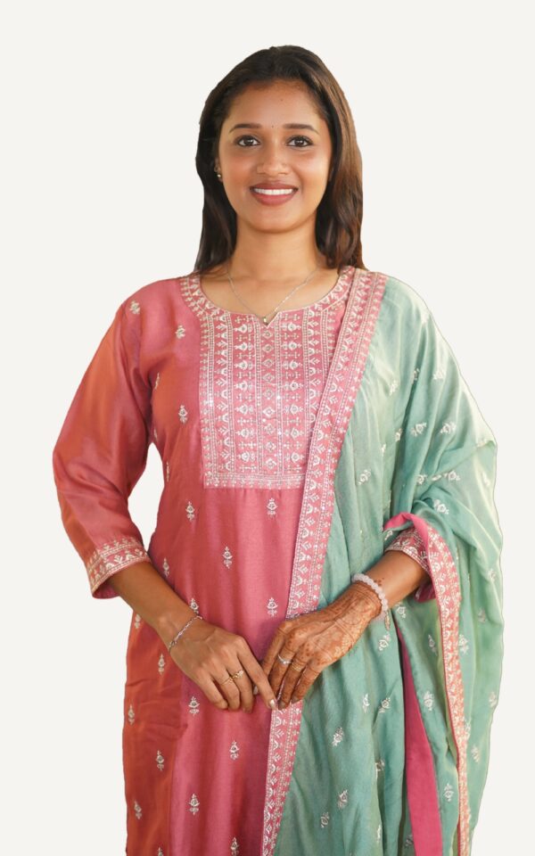Pastel Pink Shimmery Georgette Embroidered Kurti Set with Pant and Dupatta