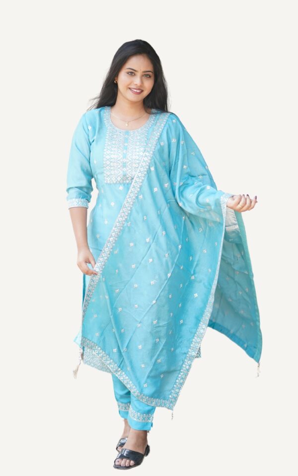 Shimmery Georgette Embroidered Kurti Set with Pant and Dupatta