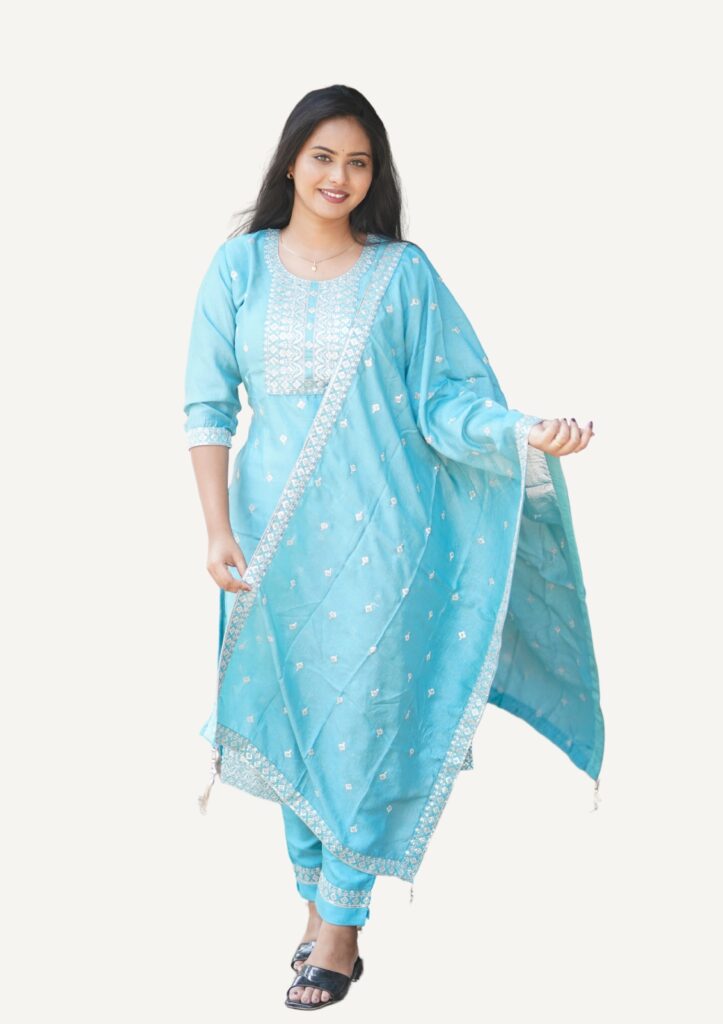 Shimmery Georgette Embroidered Kurti Set with Pant and Dupatta