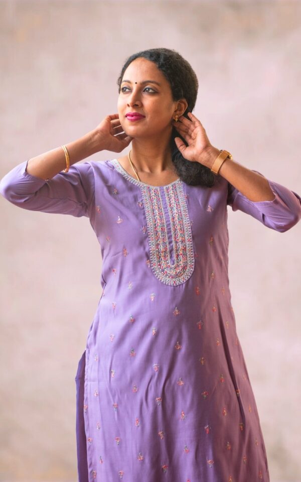 Ethnic Silk Embroidered Women Lavender Kurti