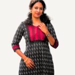 Black and Red Katha Cotton Straight Cut Kurti