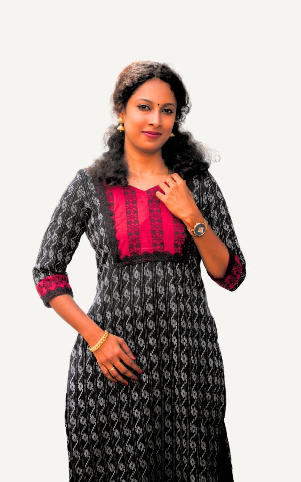 Black and Red Katha Cotton Straight Cut Kurti