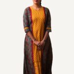 Green Yellow Ajrakh A Line Women Kurti