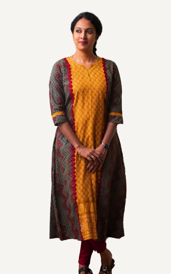 Green Yellow Ajrakh A Line Women Kurti