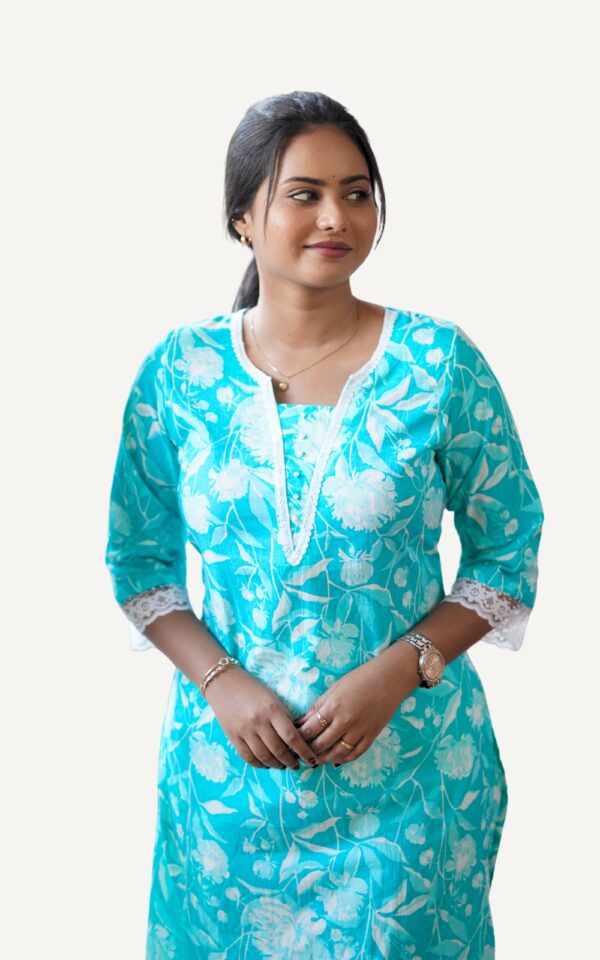 Sky Blue Cotton Straight Cut Kurti