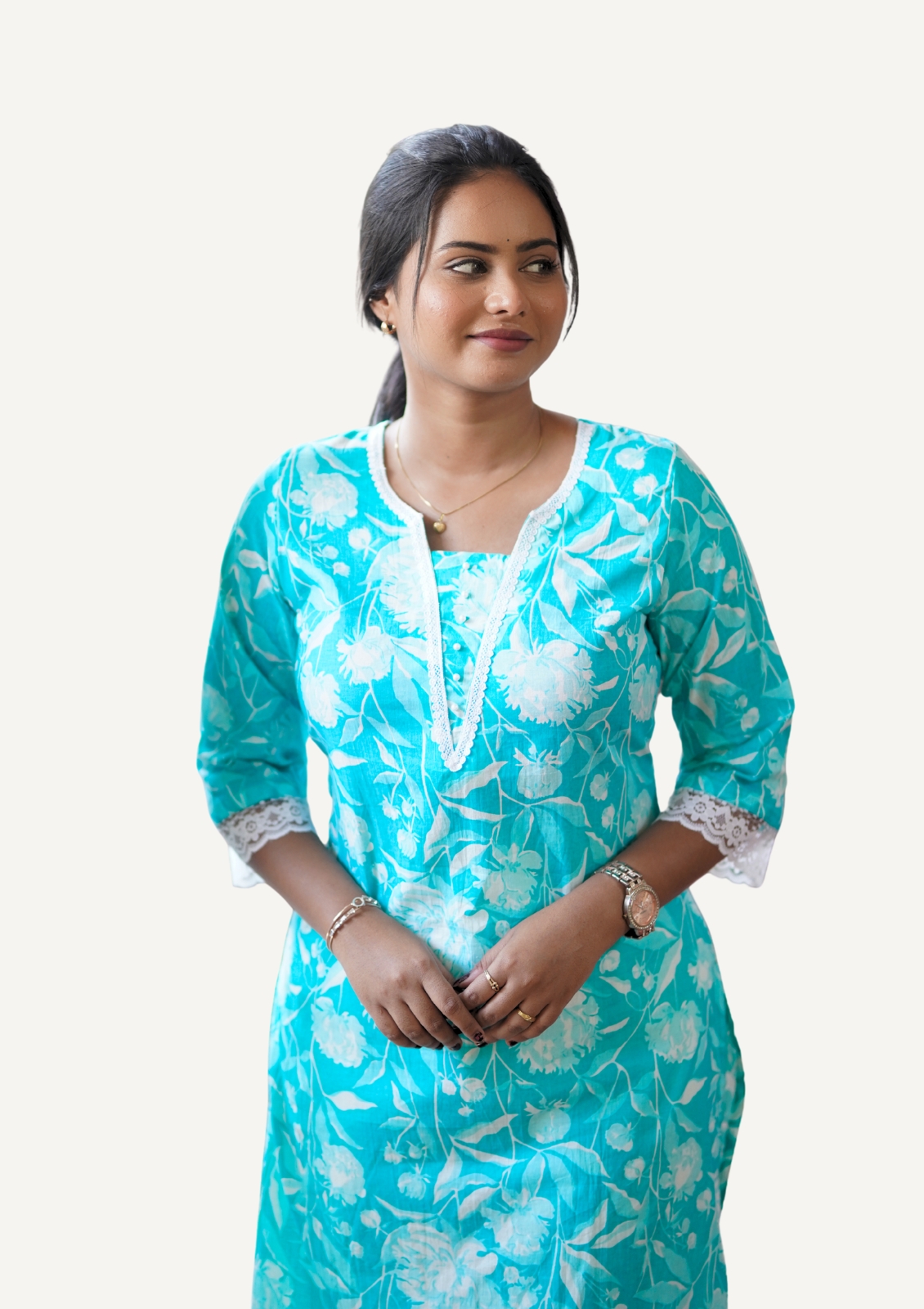 Sky Blue Cotton Straight Cut Kurti