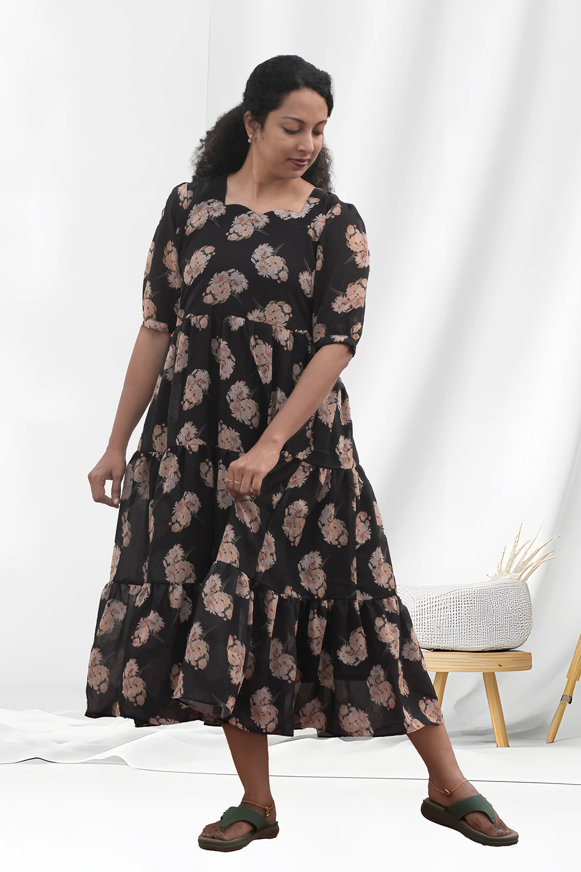 Mugizh Edit Black Floral Midi 2 Mugil Floral Georgette Layered Maxi Dress - Image 1