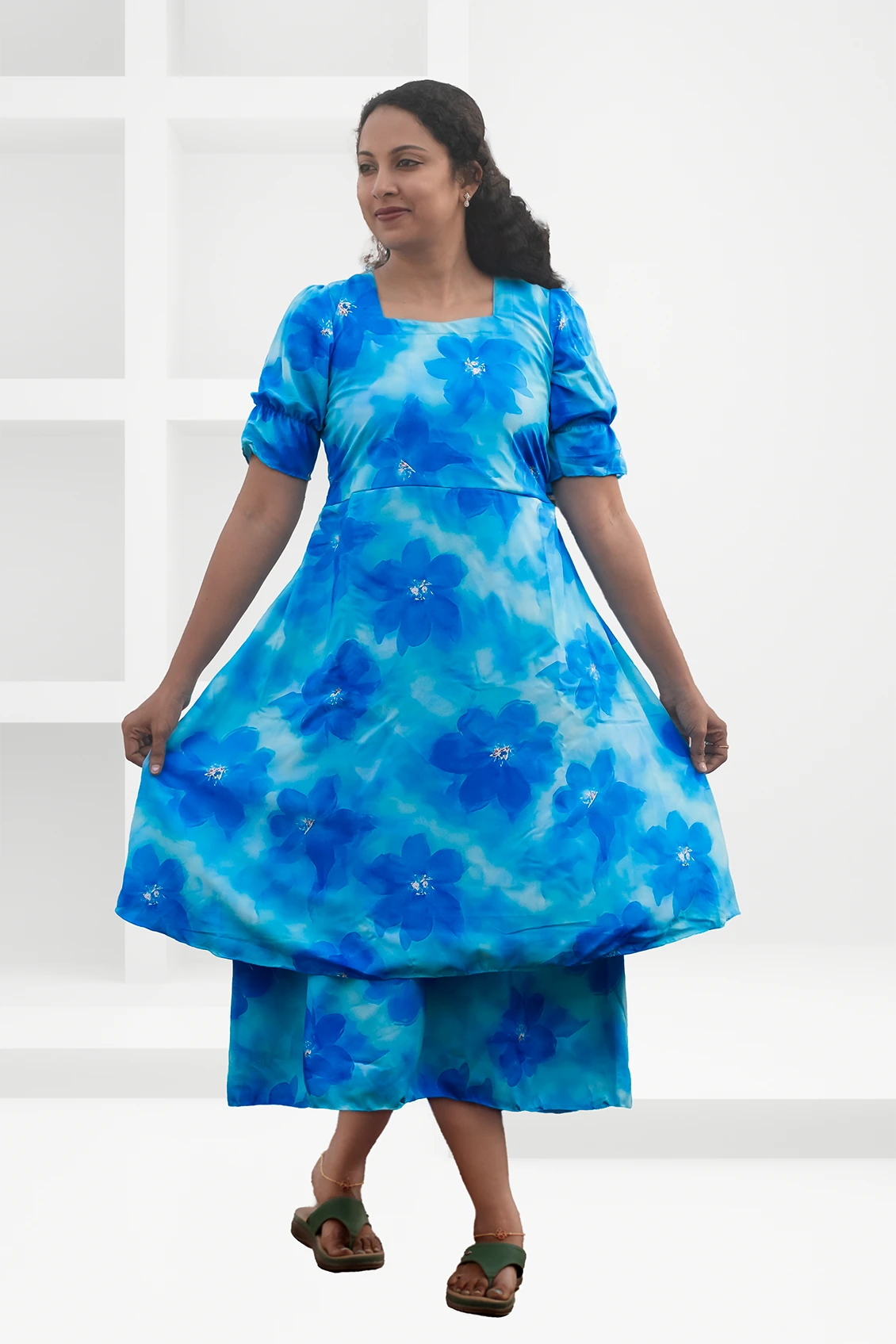 Mugil Blue Tie-Dye Georgette Midi Dress - Fillyfab