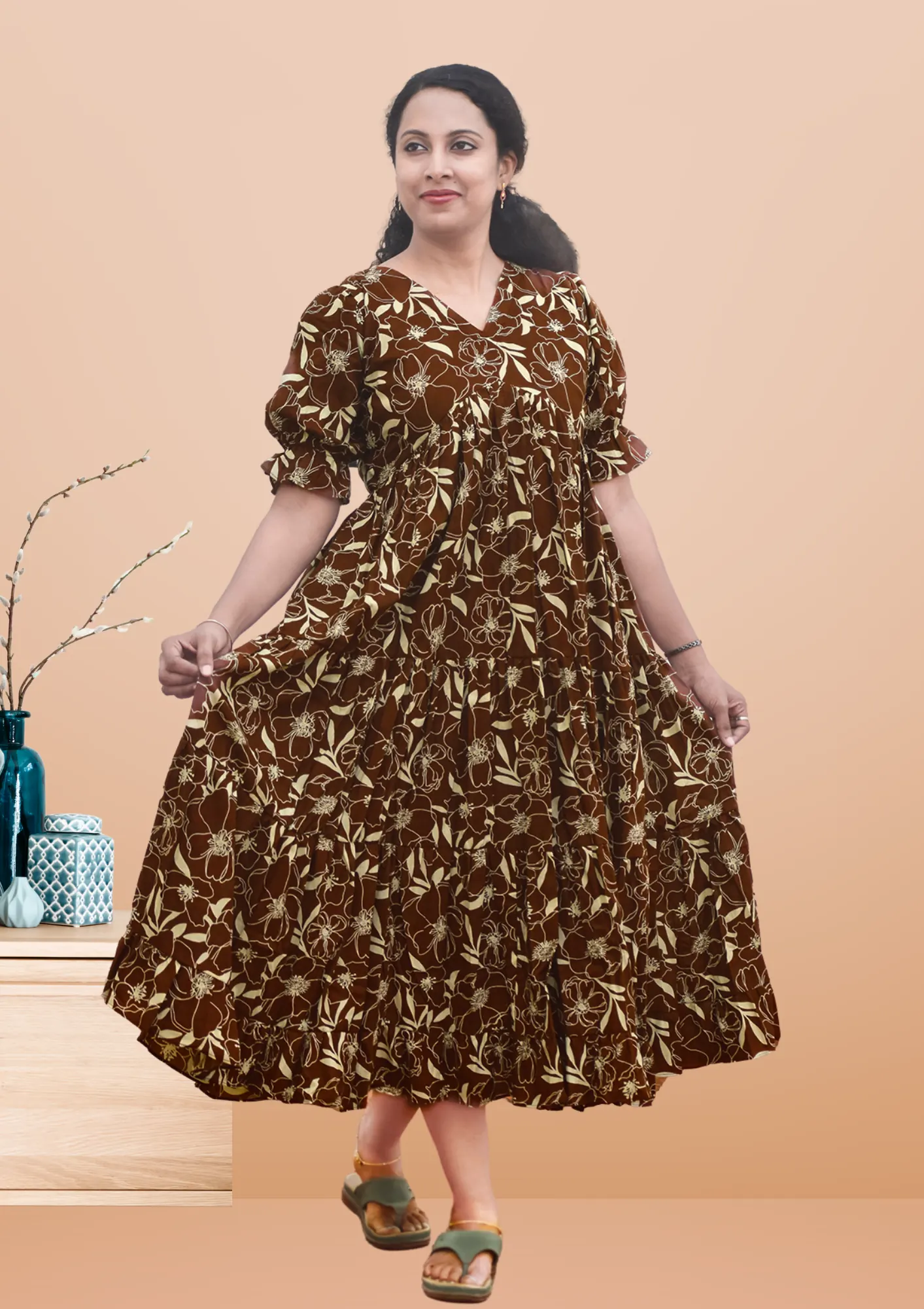 Olive - Brown Maxi 1 Olive Honey Cotton Tiered Maxi Dress - Image 1