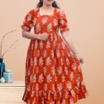 Olive – Orange Cotton Tiered Dress