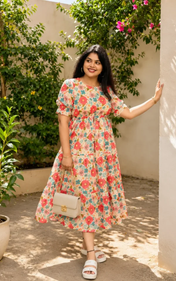 Mugil Cream Georgette Tiered Dress