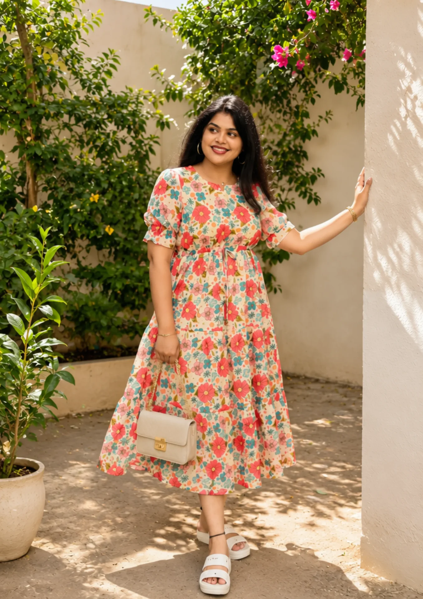 S2 Mugil Cream Georgette Tiered Dress - Image 1